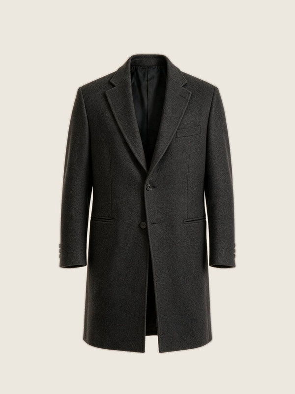 A charcoal overcoat laid flat.