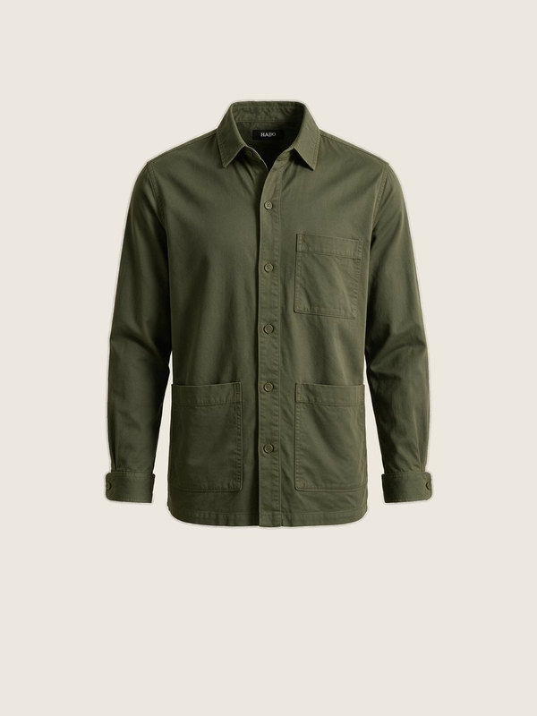 An olive cotton overshirt with buttons, laid flat.