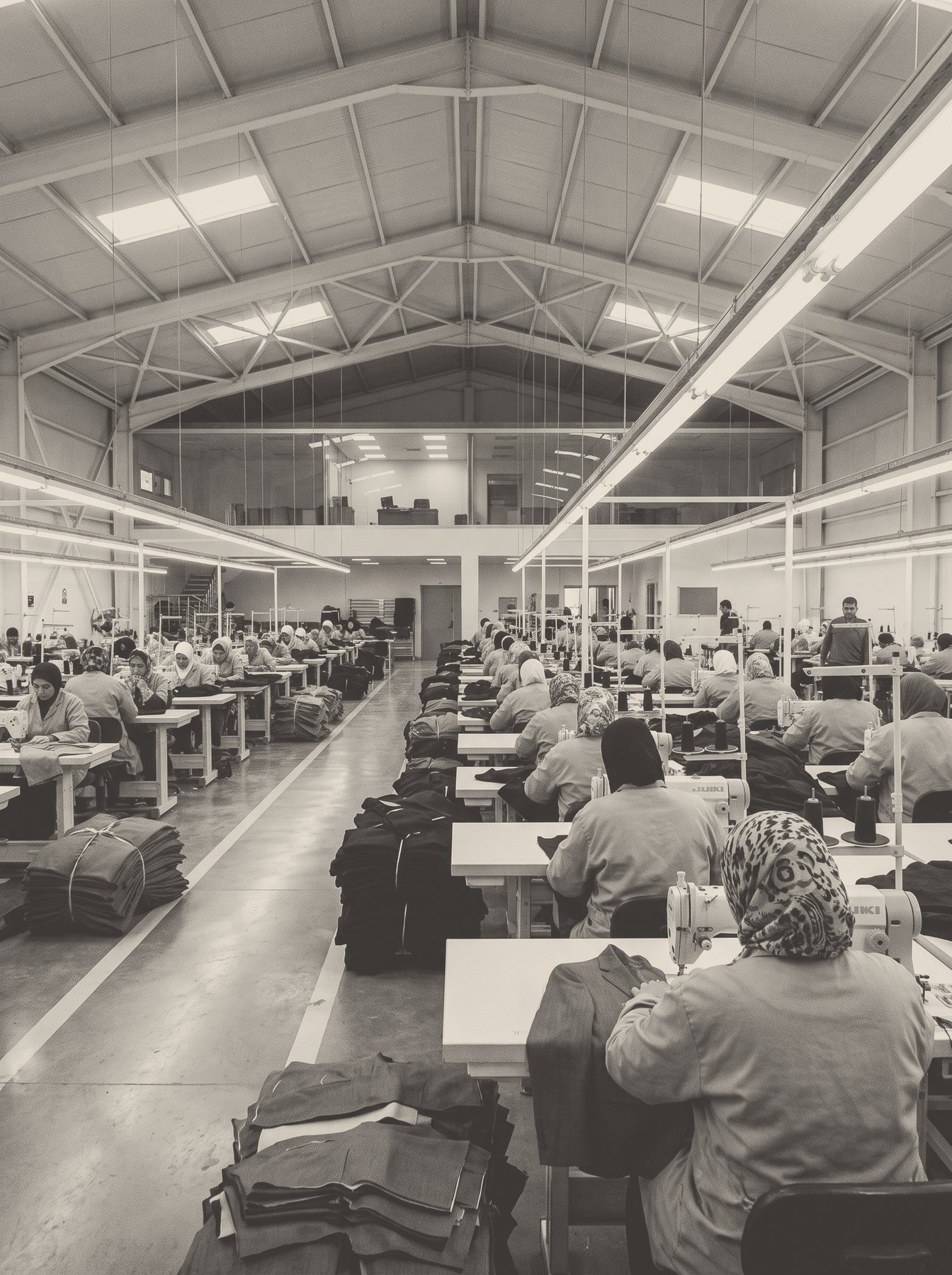 The centre aisle of a sewing floor under a steel roof, operators at their machines on both sides.