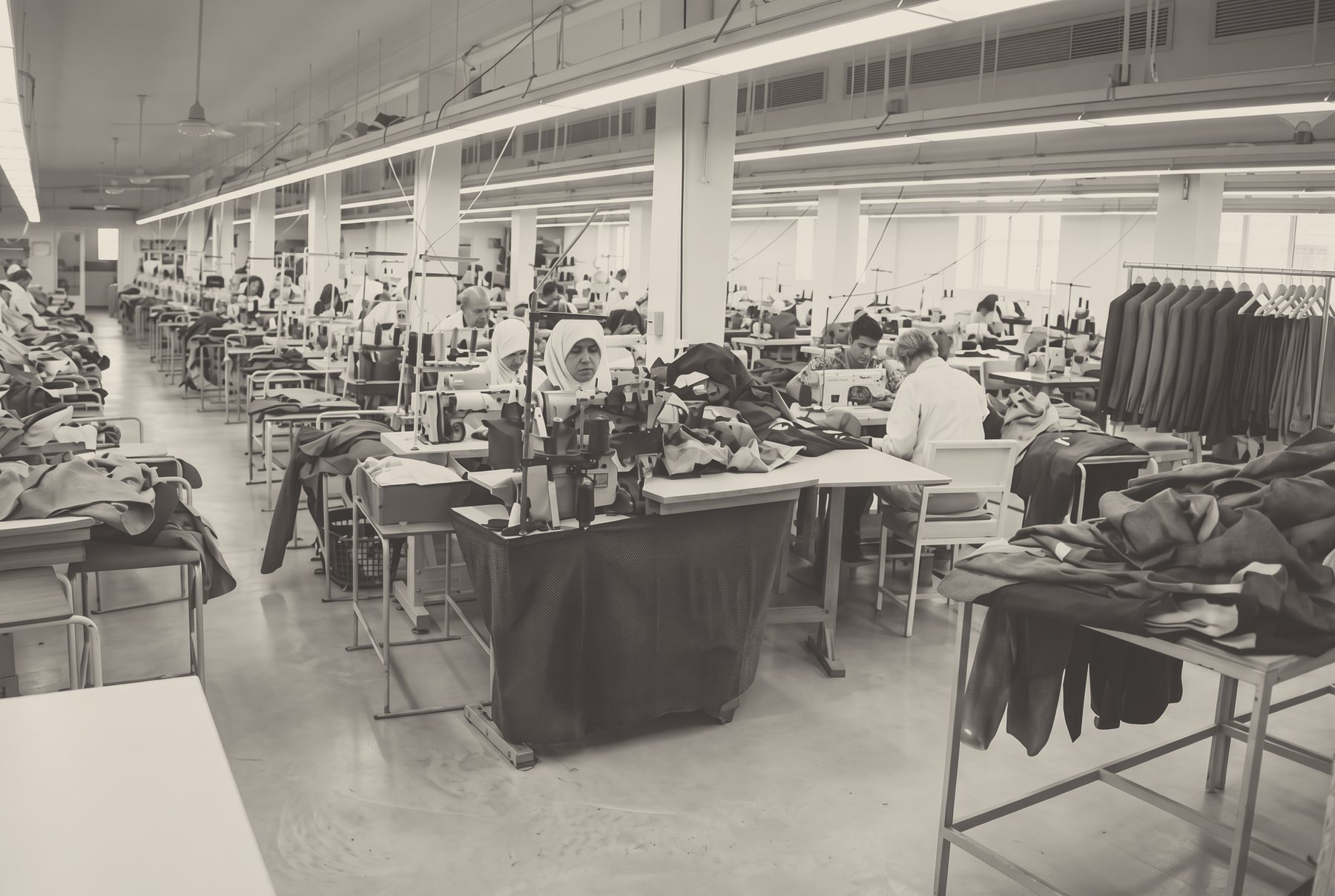 A sewing floor with long rows of machines and jackets on rails.