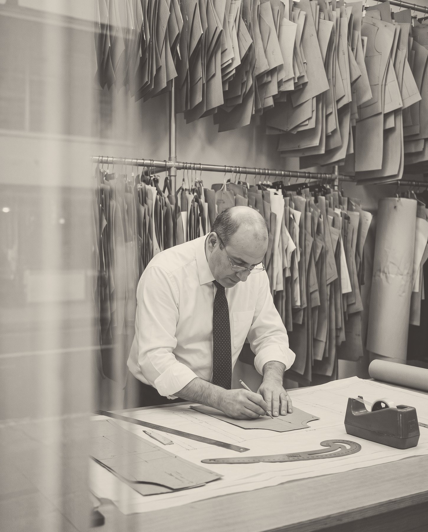 A pattern cutter marks a paper pattern on a long table, rows of hanging patterns behind him.