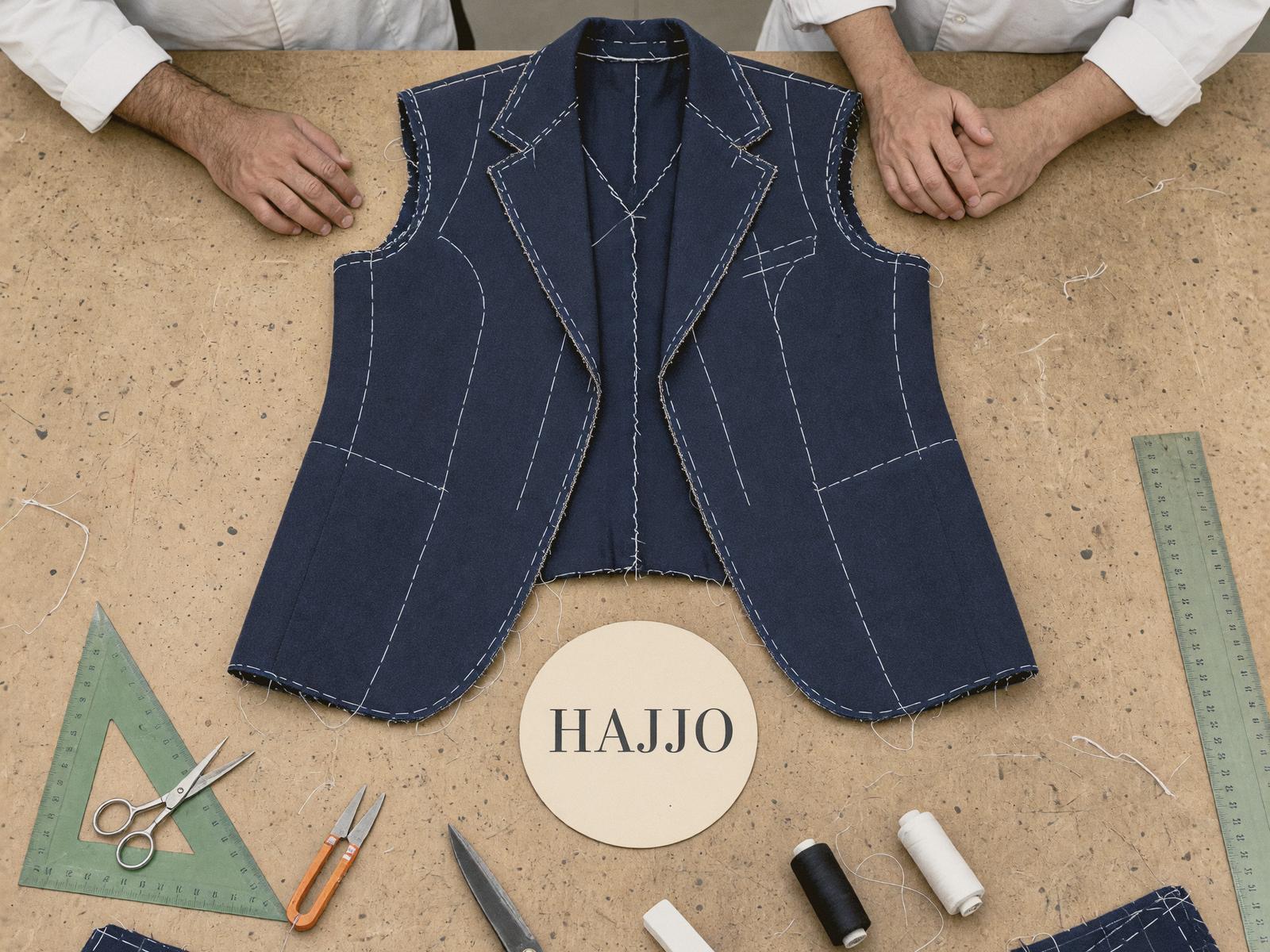 A navy jacket basted with white thread laid flat on a cutting table, with a round HAJJO tag, shears, chalk and tape measures around it.