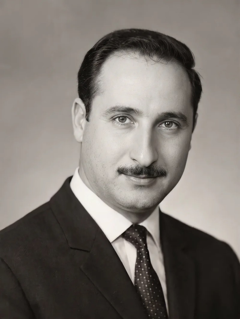Portrait of the founder, who opened the first workshop in Homs in 1960, black and white.